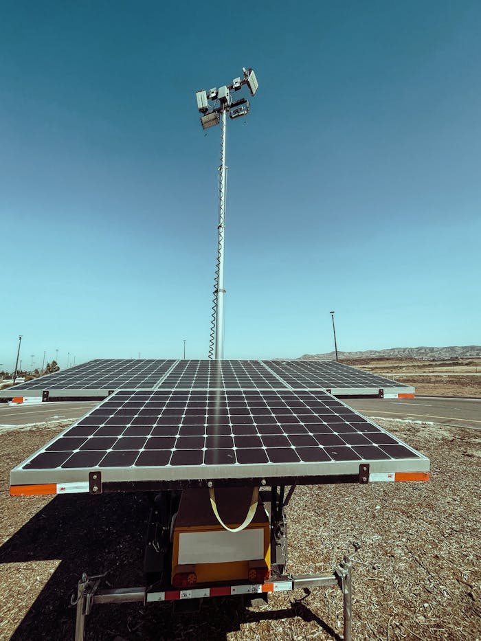 Renewable energy solar panels in a sunny California landscape, highlighting sustainable power.